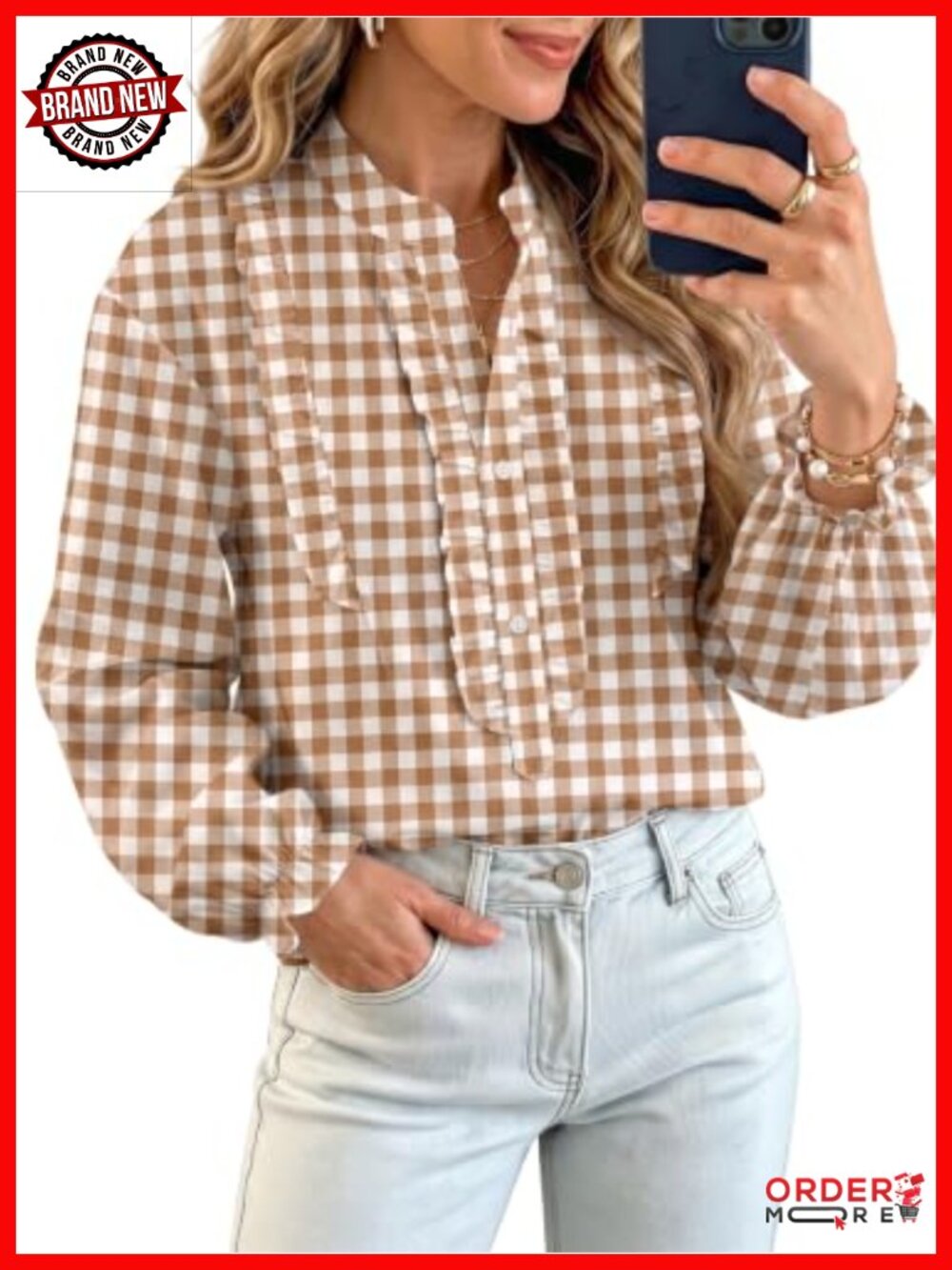 Womens Plaid Ruffle Button V-Neck Tunic Blouse Long Sleeve Work Top